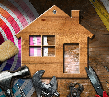 A House Surrounded By Repair Tools and PaintBrush To Symbolize Regular House Maintenance